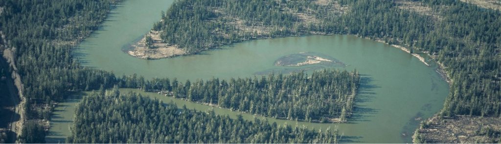 Aerial view of Chehalis River showing more area of the oxbow curves