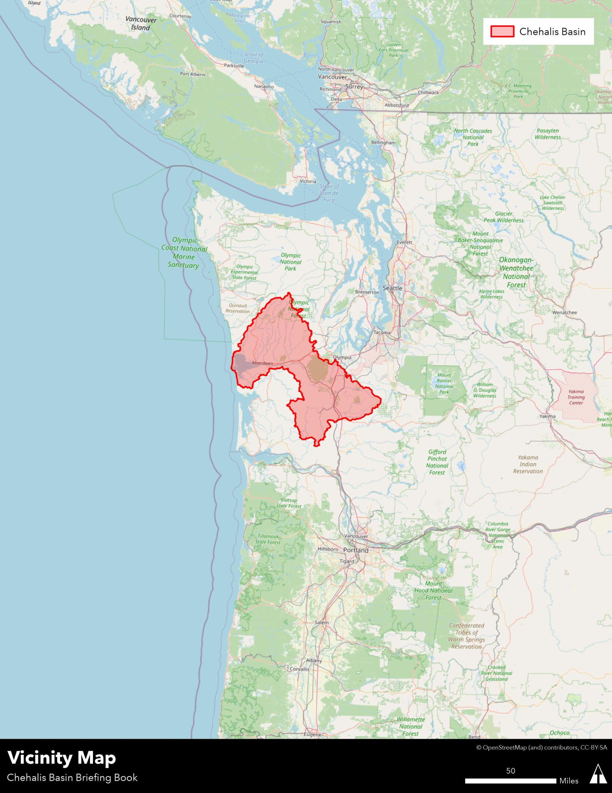 Map showing the entire Chehalis River Basin and watershed, in western Washington below the Olympic Peninsula.