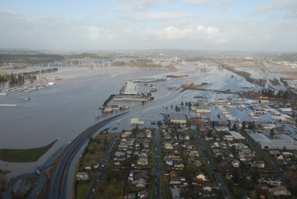 Flooding in the urbanized area of the Chehalis Basin. Highway 5 flooded during 2007 flood event.