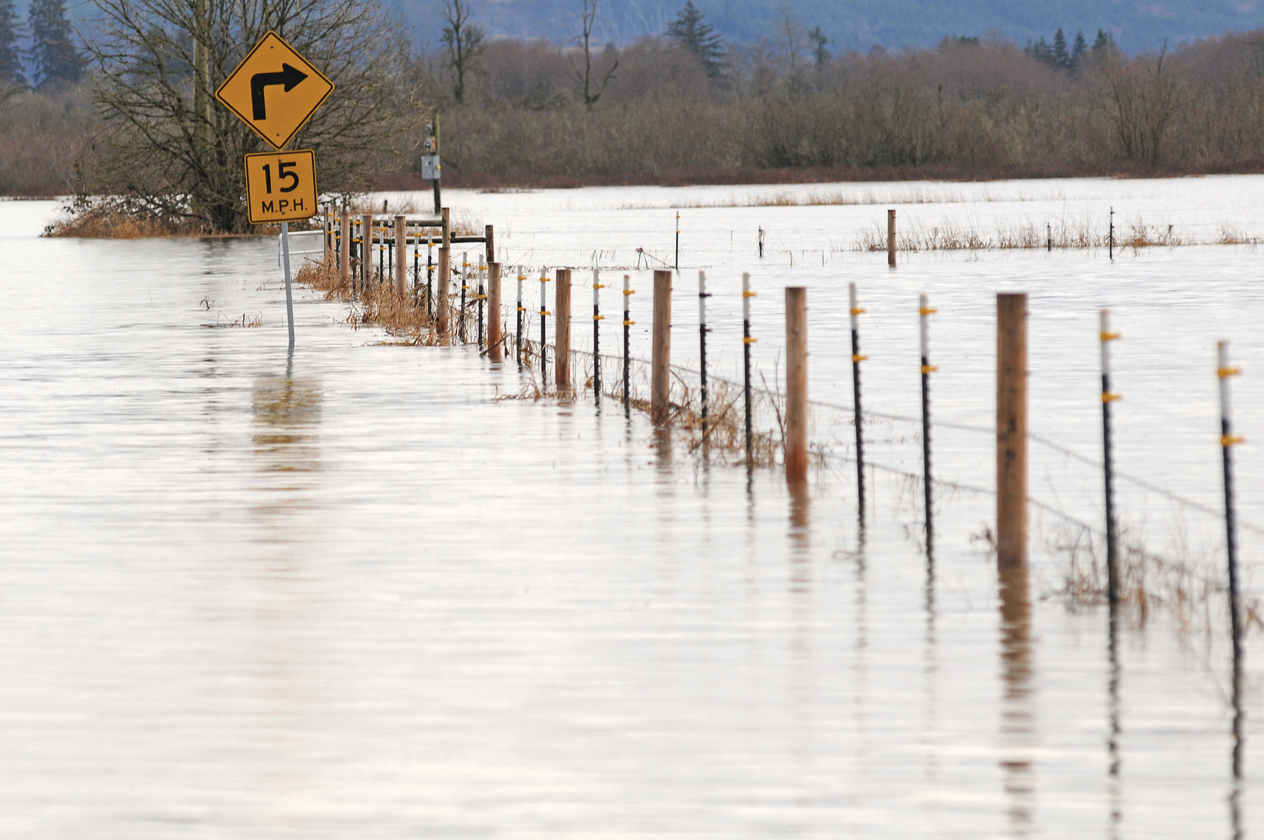 Flooding along road with water rising up the speed limit sign.