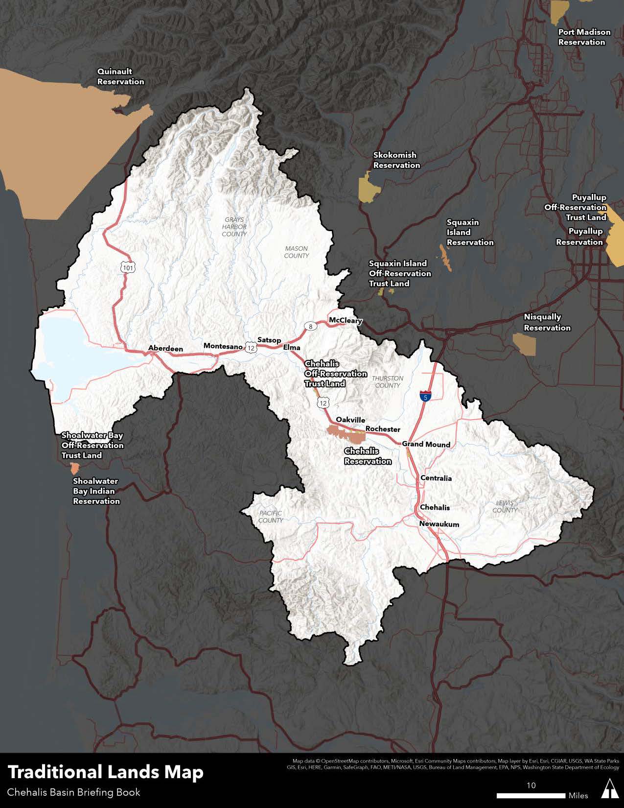 Map of Chehalis Reservation near the town of Oakville and the Quinalt Reservation north of the Chehalis River watershed.