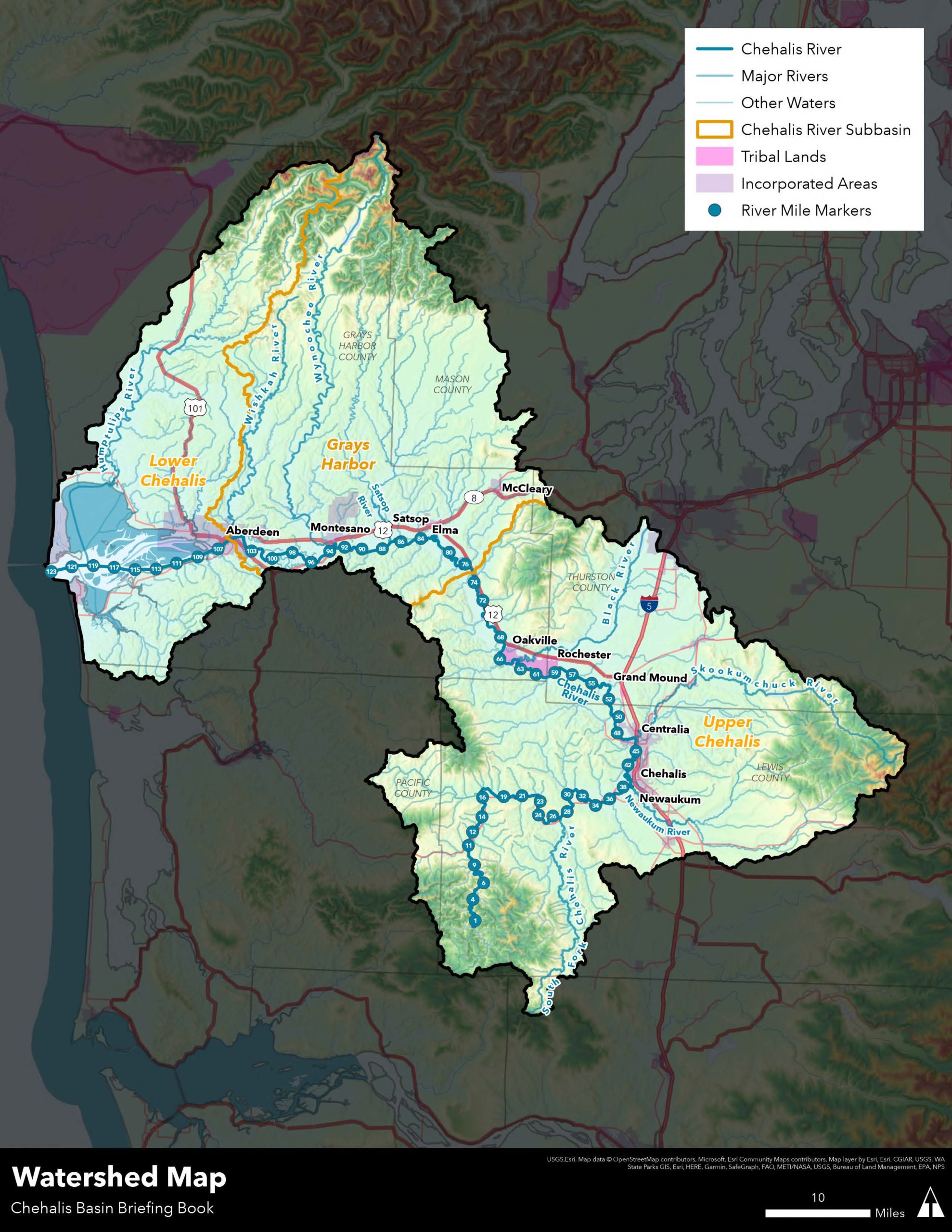 Detail map of the Chehalis watershed from headwaters in the Willapa Hills above Pe Ell to its mouth in Grays Harbor.