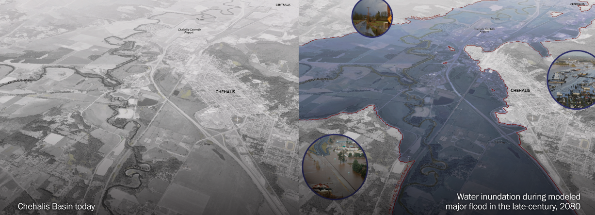 Two maps comparing the Chehalis Basin today with potential water inundation during a major flood event in the late-century, 2080.