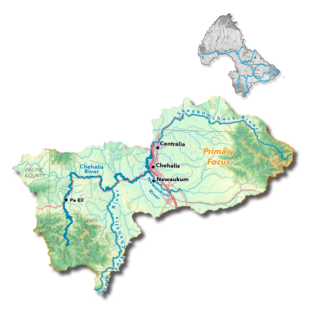 A map of the Chehalis Basin with Centralia, Chehalis, Newaukum, and Pa Ell as well as the Chehalis, South Fork Chehalis, and Skookumchuck rivers marked. The map also identifies the Primary Focus area in the northeastern part of the Basin.